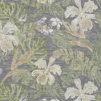 9' X 12' Gray Beige And Olive Green Botanical Leaves Washable Indoor Outdoor Area Rug
