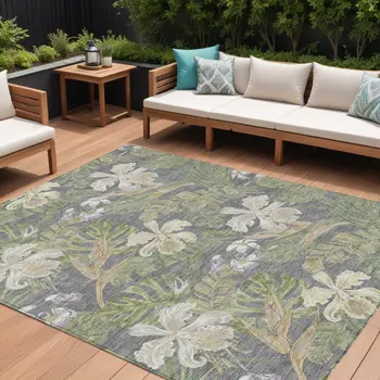 10' X 14' Gray Beige And Olive Green Botanical Leaves Washable Indoor Outdoor Area Rug
