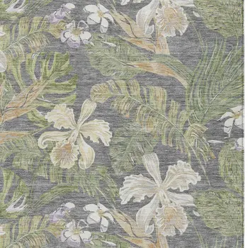 10' X 14' Gray Beige And Olive Green Botanical Leaves Washable Indoor Outdoor Area Rug