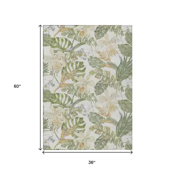 3' X 5' Ivory Wheat And Olive Green Botanical Leaves Washable Indoor Outdoor Area Rug