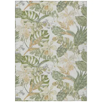 3' X 5' Ivory Wheat And Olive Green Botanical Leaves Washable Indoor Outdoor Area Rug