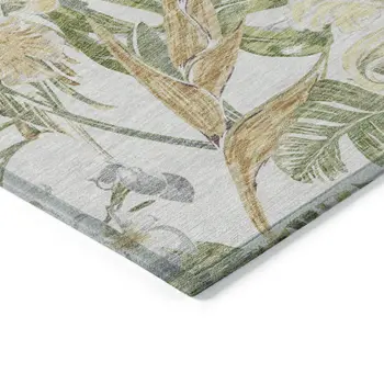3' X 5' Ivory Wheat And Olive Green Botanical Leaves Washable Indoor Outdoor Area Rug