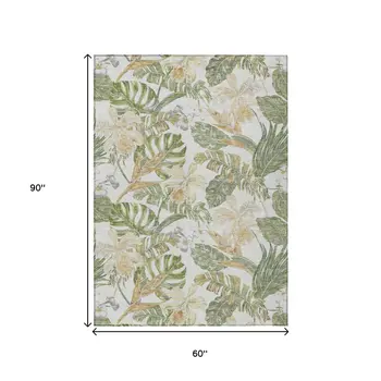 5' X 8' Ivory Wheat And Olive Green Botanical Leaves Washable Indoor Outdoor Area Rug