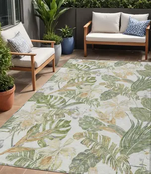 5' X 8' Ivory Wheat And Olive Green Botanical Leaves Washable Indoor Outdoor Area Rug