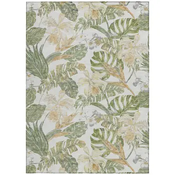 5' X 8' Ivory Wheat And Olive Green Botanical Leaves Washable Indoor Outdoor Area Rug