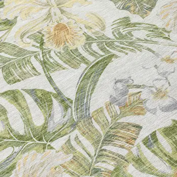 5' X 8' Ivory Wheat And Olive Green Botanical Leaves Washable Indoor Outdoor Area Rug