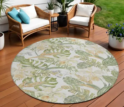 8' Ivory Wheat And Olive Green Round Botanical Leaves Washable Indoor Outdoor Area Rug