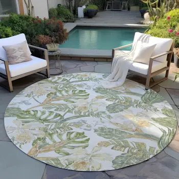 8' Ivory Wheat And Olive Green Round Botanical Leaves Washable Indoor Outdoor Area Rug
