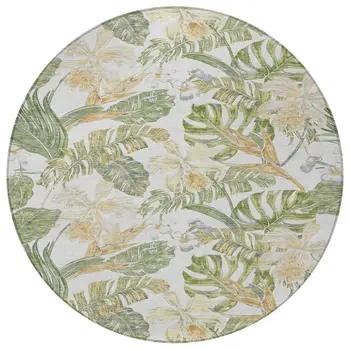 8' Ivory Wheat And Olive Green Round Botanical Leaves Washable Indoor Outdoor Area Rug
