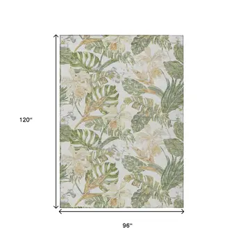 8' X 10' Ivory Wheat And Olive Green Botanical Leaves Washable Indoor Outdoor Area Rug