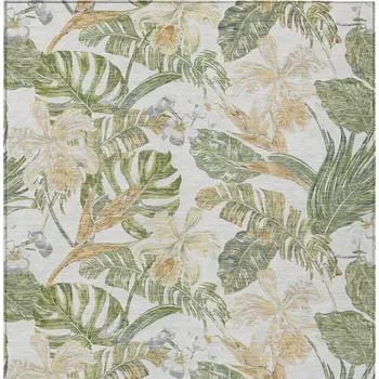 10' X 14' Ivory Wheat And Olive Green Botanical Leaves Washable Indoor Outdoor Area Rug