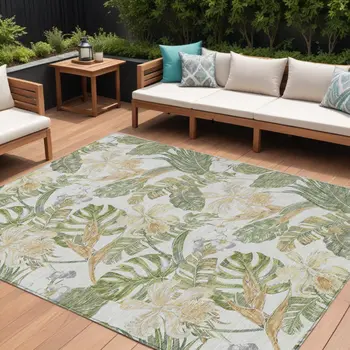 10' X 14' Ivory Wheat And Olive Green Botanical Leaves Washable Indoor Outdoor Area Rug