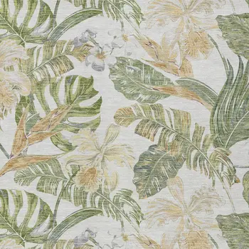 10' X 14' Ivory Wheat And Olive Green Botanical Leaves Washable Indoor Outdoor Area Rug