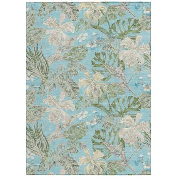 3' X 5' Teal Blue Olive Green And Beige Botanical Leaves Washable Indoor Outdoor Area Rug