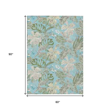 5' X 8' Teal Blue Olive Green And Beige Botanical Leaves Washable Indoor Outdoor Area Rug