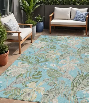 5' X 8' Teal Blue Olive Green And Beige Botanical Leaves Washable Indoor Outdoor Area Rug