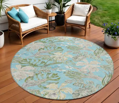 8' Teal Blue Olive Green And Beige Round Botanical Leaves Washable Indoor Outdoor Area Rug