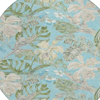 8' Teal Blue Olive Green And Beige Round Botanical Leaves Washable Indoor Outdoor Area Rug