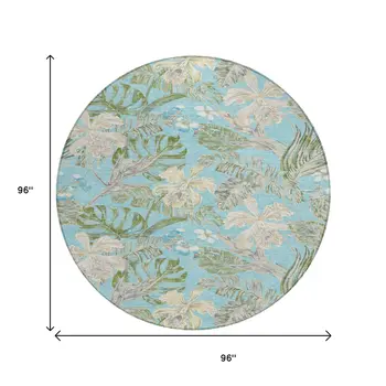 8' Teal Blue Olive Green And Beige Round Botanical Leaves Washable Indoor Outdoor Area Rug