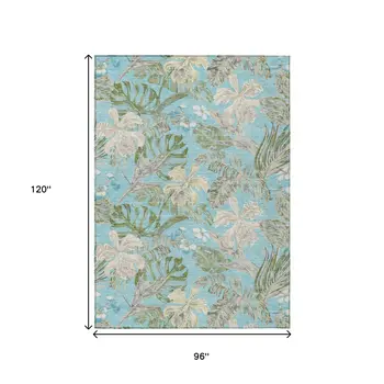 8' X 10' Teal Blue Olive Green And Beige Botanical Leaves Washable Indoor Outdoor Area Rug