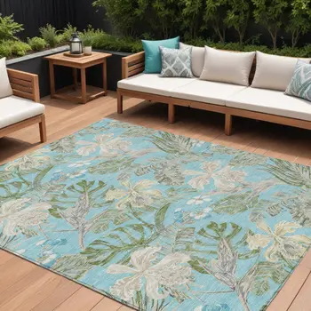 8' X 10' Teal Blue Olive Green And Beige Botanical Leaves Washable Indoor Outdoor Area Rug