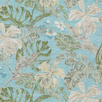 8' X 10' Teal Blue Olive Green And Beige Botanical Leaves Washable Indoor Outdoor Area Rug