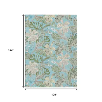 9' X 12' Teal Blue Olive Green And Beige Botanical Leaves Washable Indoor Outdoor Area Rug