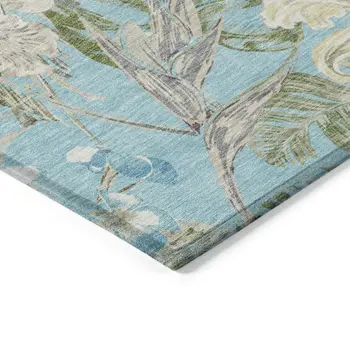 9' X 12' Teal Blue Olive Green And Beige Botanical Leaves Washable Indoor Outdoor Area Rug
