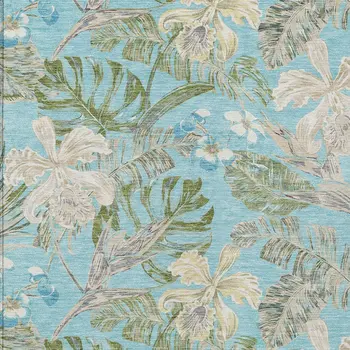 10' X 14' Teal Blue Olive Green And Beige Botanical Leaves Washable Indoor Outdoor Area Rug