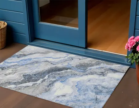 3' X 5' Blue And Silver Botanical Leaves Washable Indoor Outdoor Area Rug