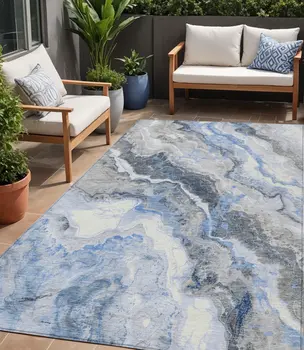 5' X 8' Blue And Silver Abstract Washable Indoor Outdoor Area Rug