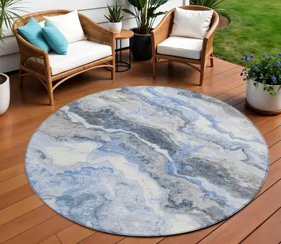8' Blue And Silver Round Abstract Washable Indoor Outdoor Area Rug