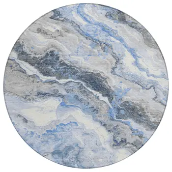 8' Blue And Silver Round Abstract Washable Indoor Outdoor Area Rug