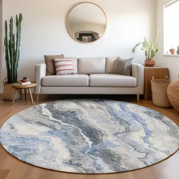 8' Blue And Silver Round Abstract Washable Indoor Outdoor Area Rug