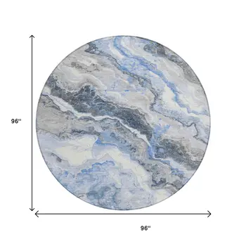 8' Blue And Silver Round Abstract Washable Indoor Outdoor Area Rug