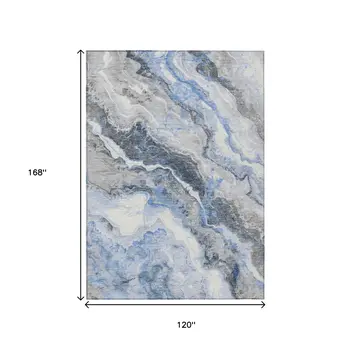 10' X 14' Blue And Silver Abstract Washable Indoor Outdoor Area Rug