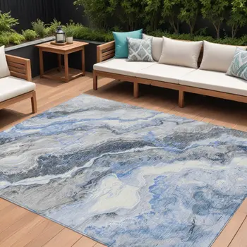 10' X 14' Blue And Silver Abstract Washable Indoor Outdoor Area Rug