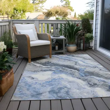 10' X 14' Blue And Silver Abstract Washable Indoor Outdoor Area Rug