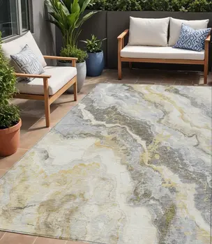 5' X 8' Gold And Silver Abstract Washable Indoor Outdoor Area Rug