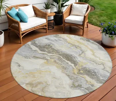 8' Gold And Silver Round Abstract Washable Indoor Outdoor Area Rug