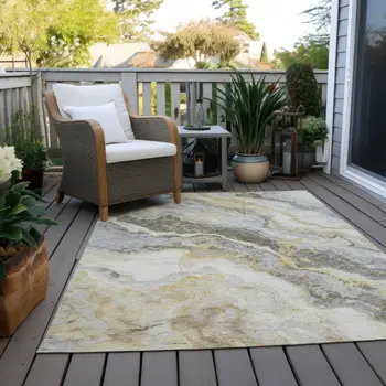 8' X 10' Gold And Silver Abstract Washable Indoor Outdoor Area Rug