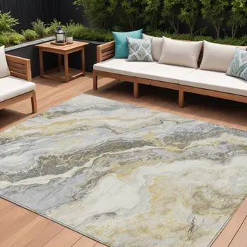 9' X 12' Gold And Silver Abstract Washable Indoor Outdoor Area Rug
