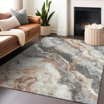 3' X 5' Silver And Copper Abstract Washable Indoor Outdoor Area Rug