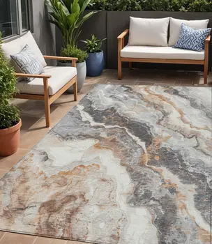 5' X 8' Silver And Copper Abstract Washable Indoor Outdoor Area Rug