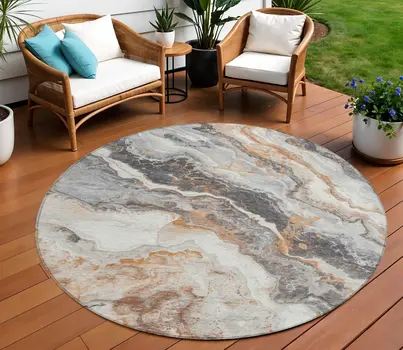 8' Silver And Copper Round Abstract Washable Indoor Outdoor Area Rug