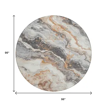 8' Silver And Copper Round Abstract Washable Indoor Outdoor Area Rug
