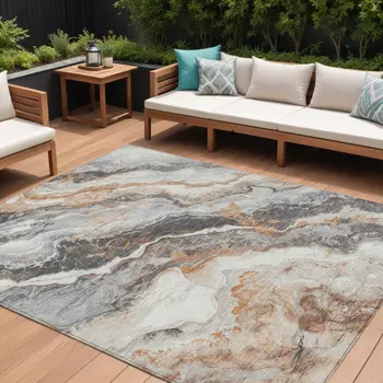 8' X 10' Silver And Copper Abstract Washable Indoor Outdoor Area Rug