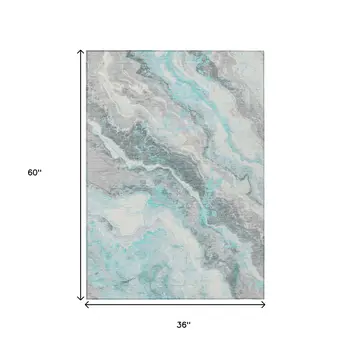 3' X 5' Teal Blue And Silver Abstract Washable Indoor Outdoor Area Rug