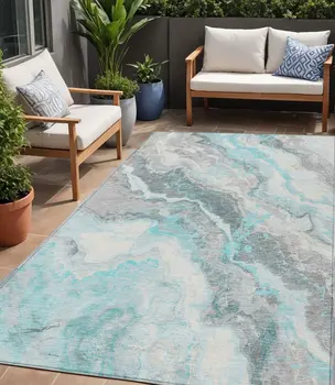 5' X 8' Teal Blue And Silver Abstract Washable Indoor Outdoor Area Rug
