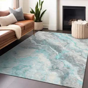 5' X 8' Teal Blue And Silver Abstract Washable Indoor Outdoor Area Rug